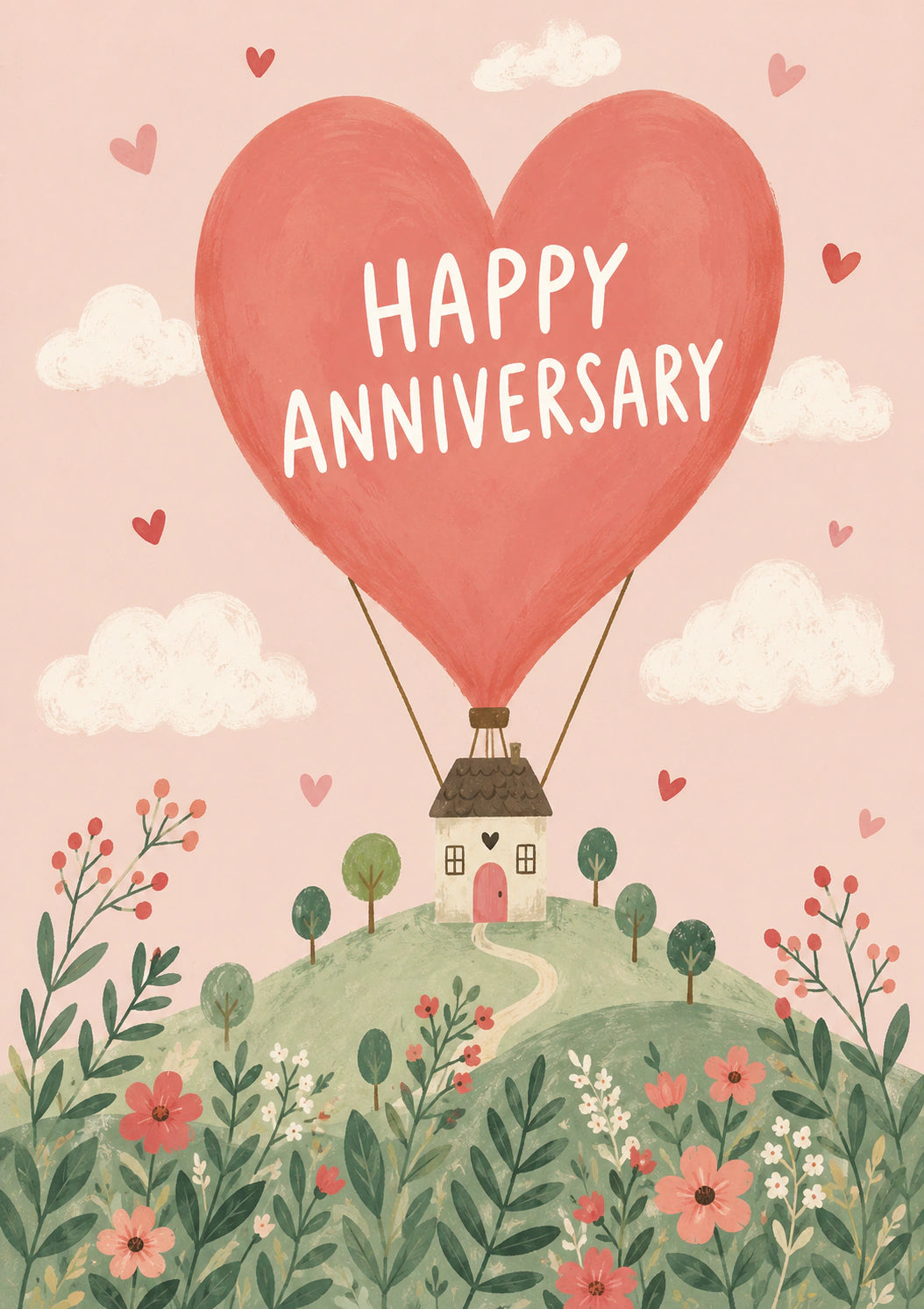 Heart Hot Air Balloon House Anniversary Card for Her