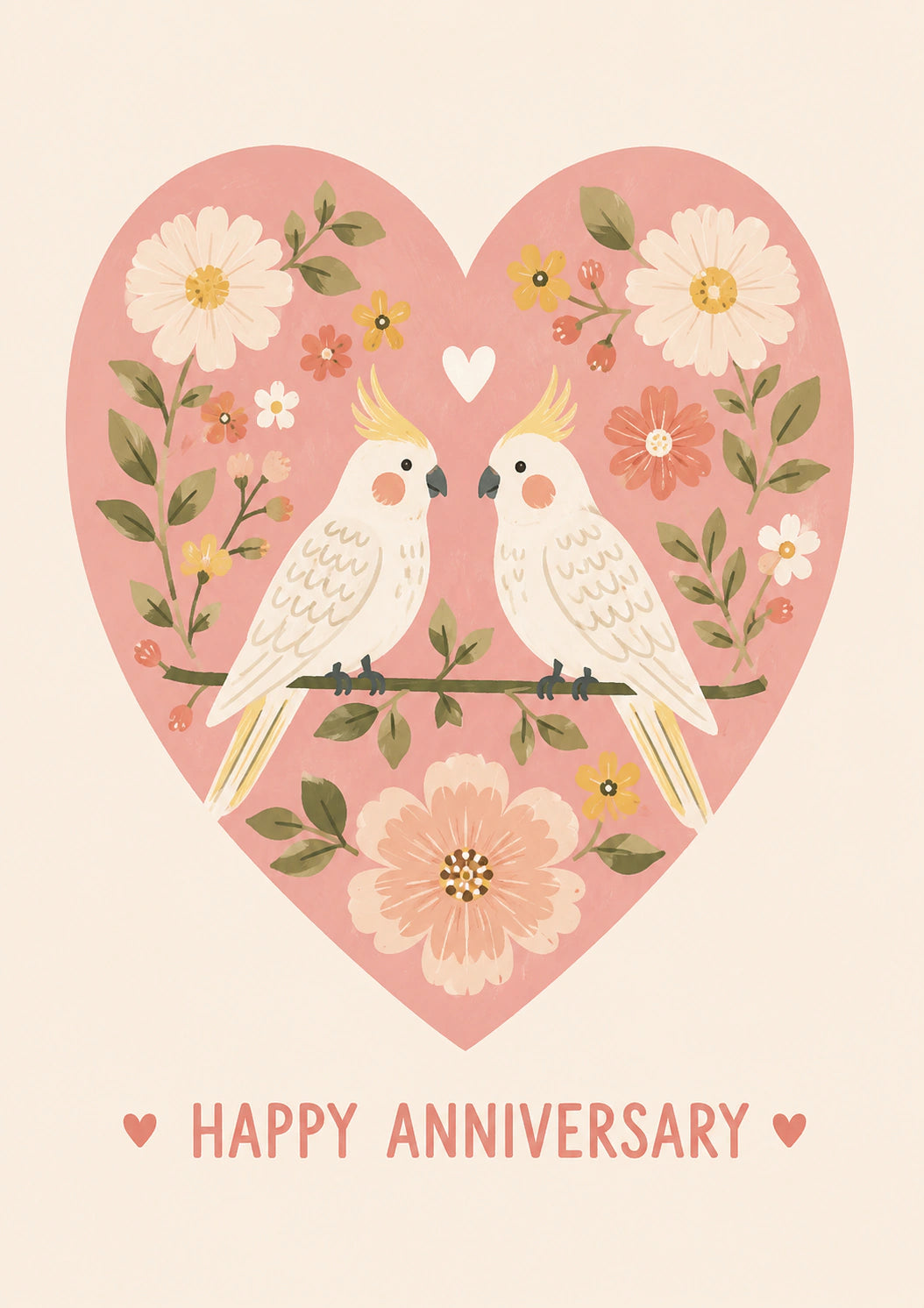 Cockatoo Pair Floral Heart Anniversary Card for Her