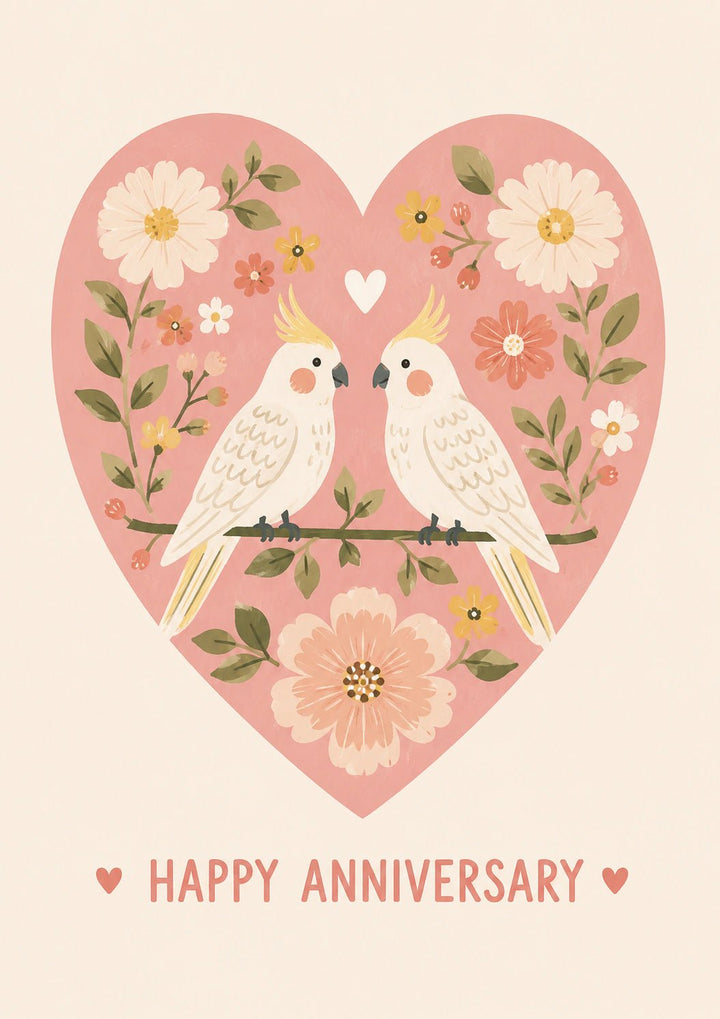 Cockatoo Pair Floral Heart Anniversary Card for Her