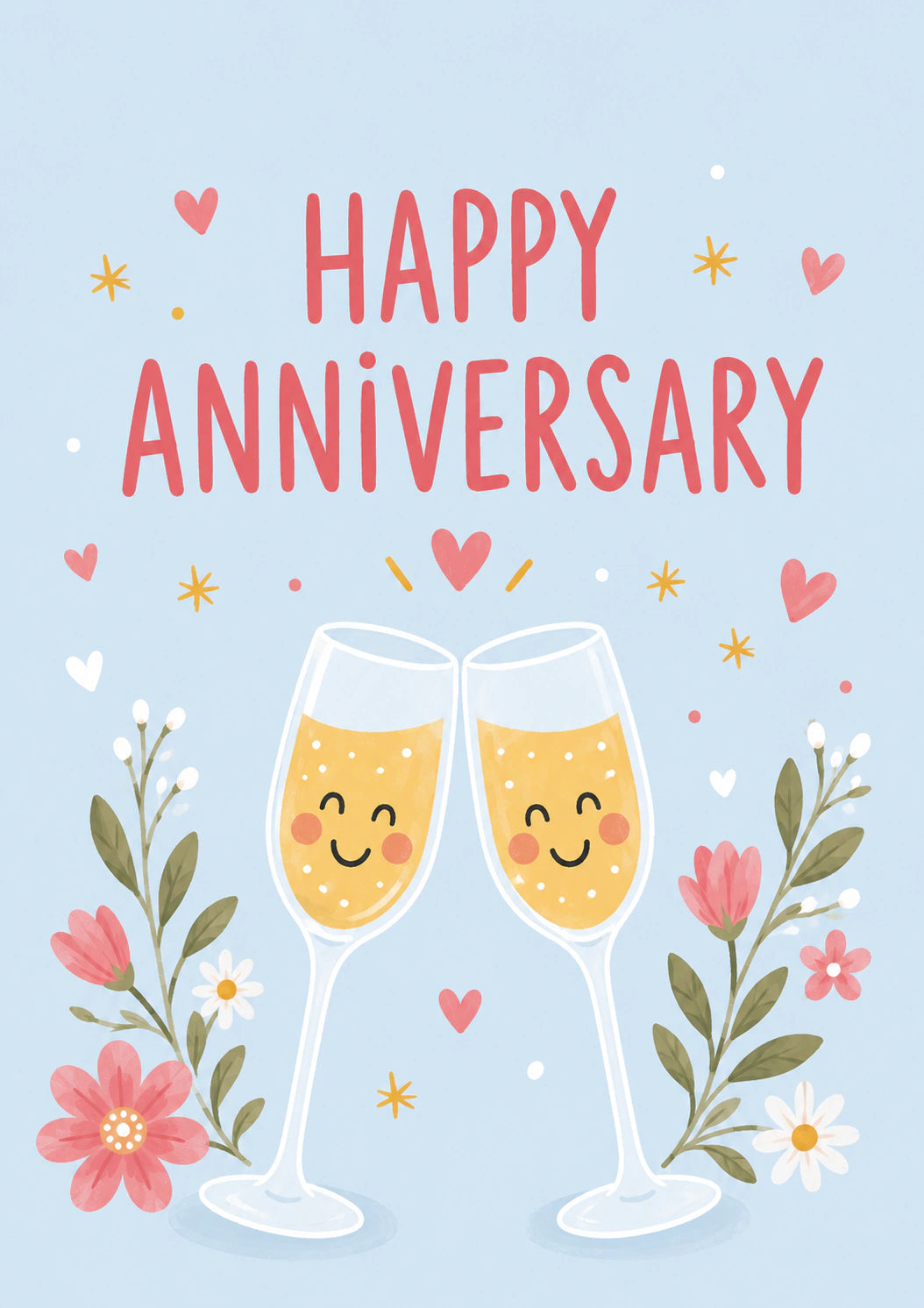 Cute Champagne Flutes Floral Happy Anniversary Card