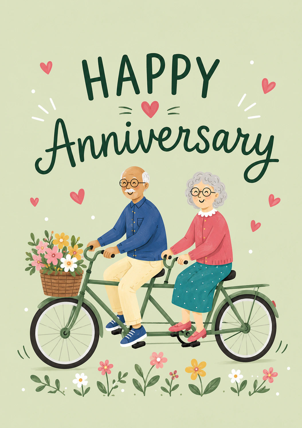 Cute Elderly Couple Tandem Bicycle Anniversary Card