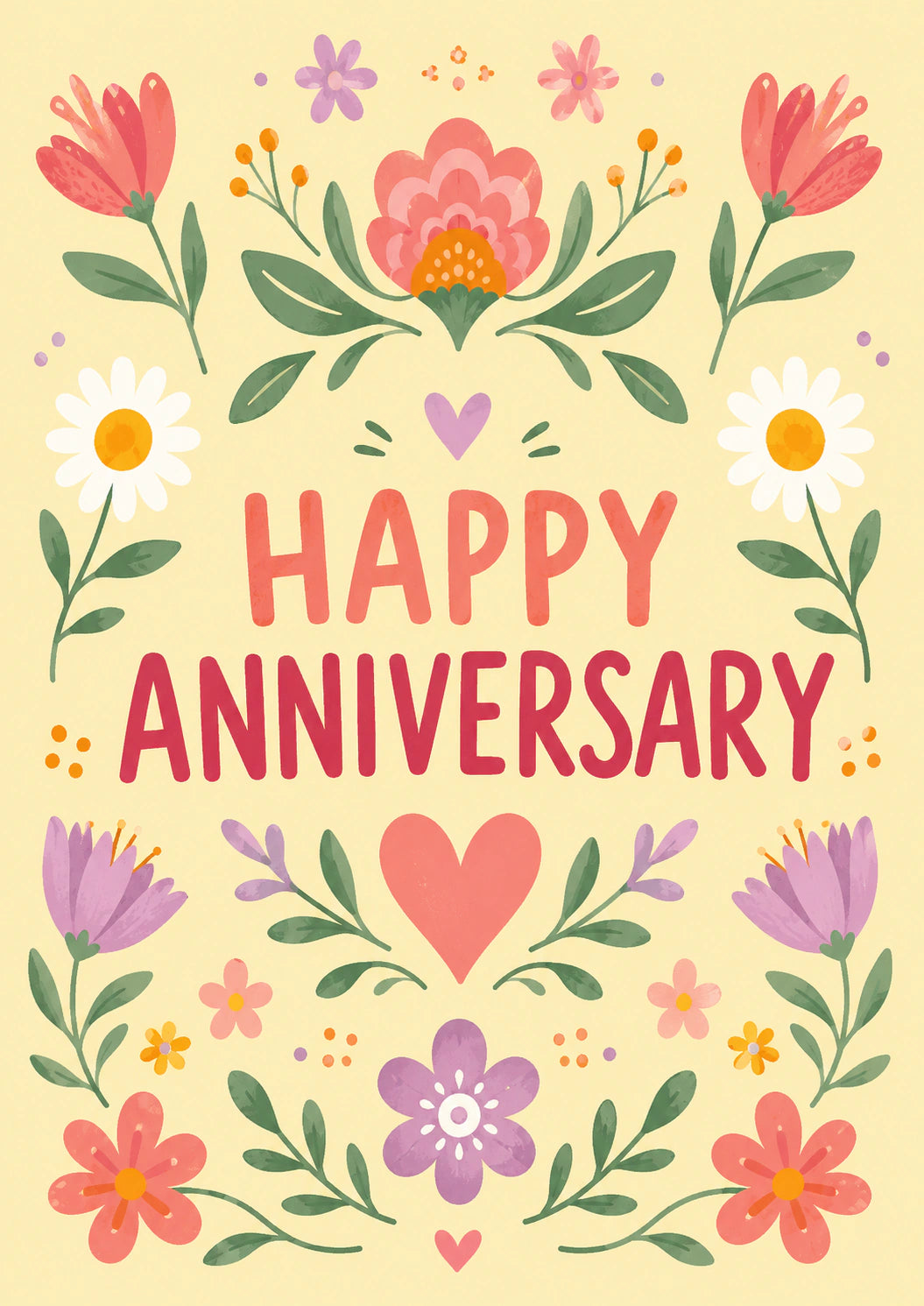 Floral Folk Art Happy Anniversary Card for Her