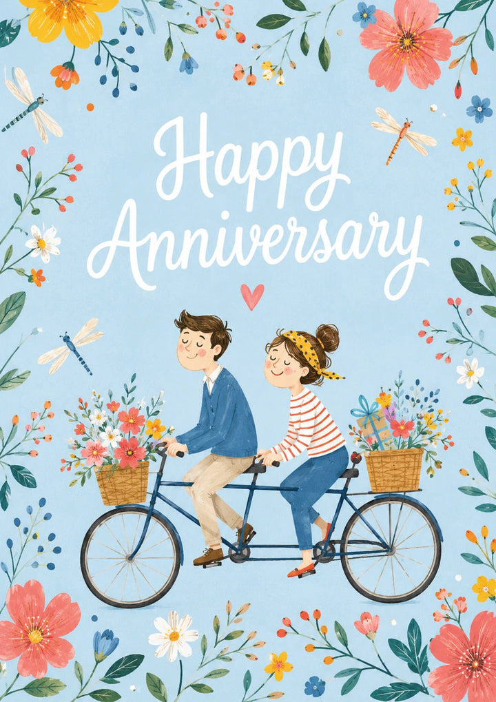 Tandem Bicycle Couple Floral Anniversary Card