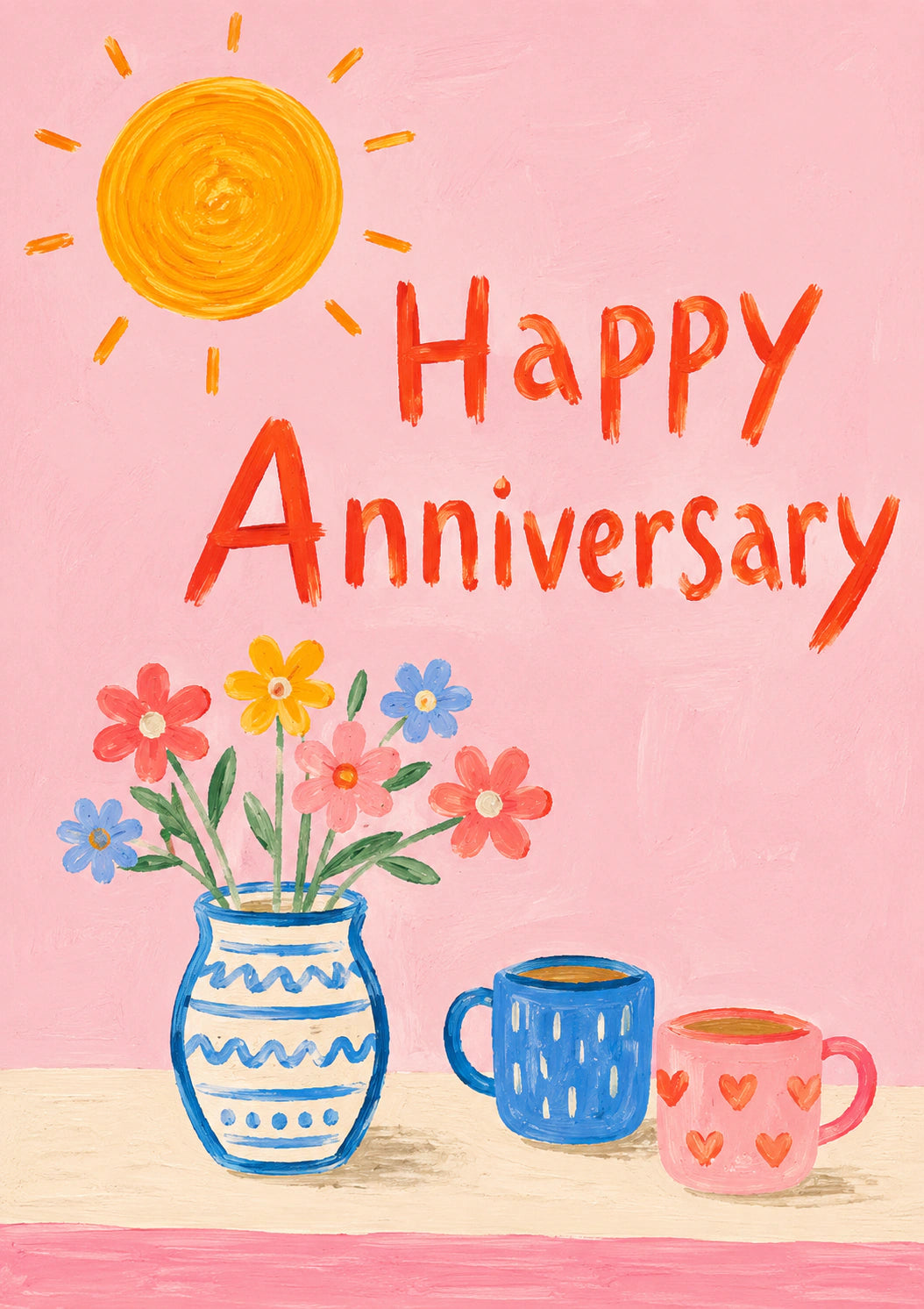 Sunny Flowers and Coffee Mugs Anniversary Card