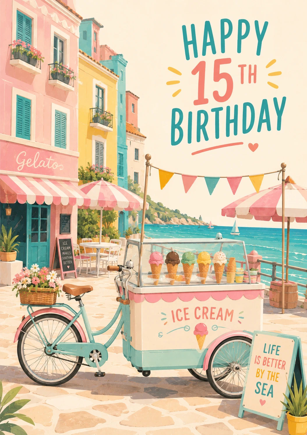 Coastal Ice Cream Cart 15th Birthday Card for Her
