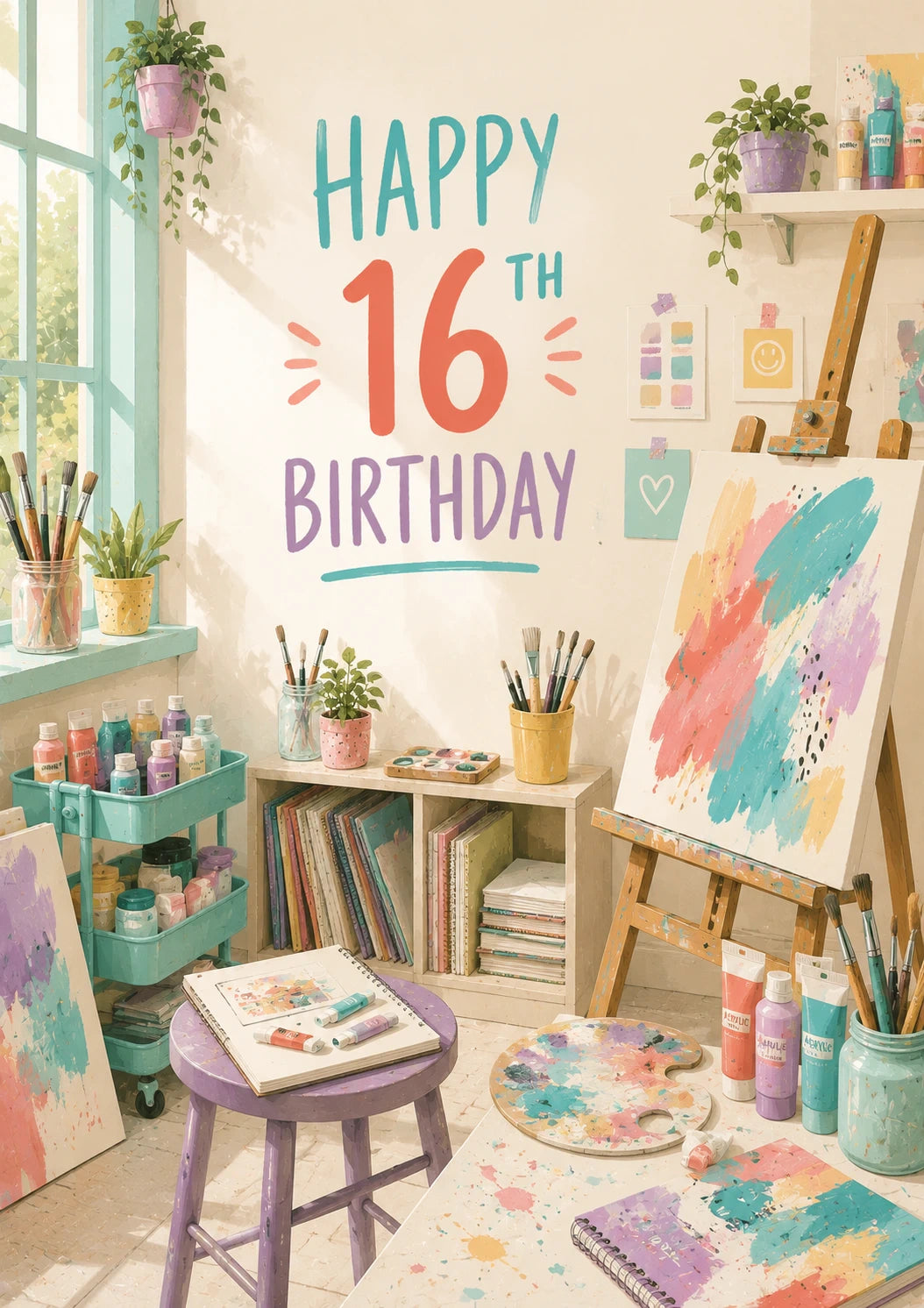 Colourful Art Studio 16th Birthday Card for Her