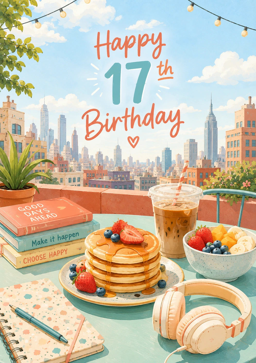 Rooftop Brunch City Skyline 17th Birthday Card for Her