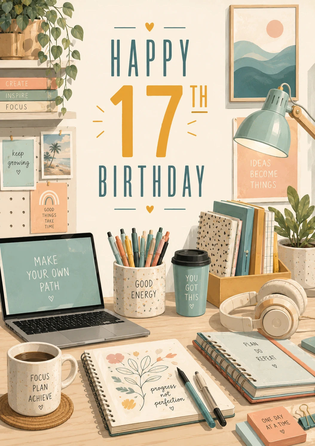 Motivational Desk Scene Happy 17th Birthday Card