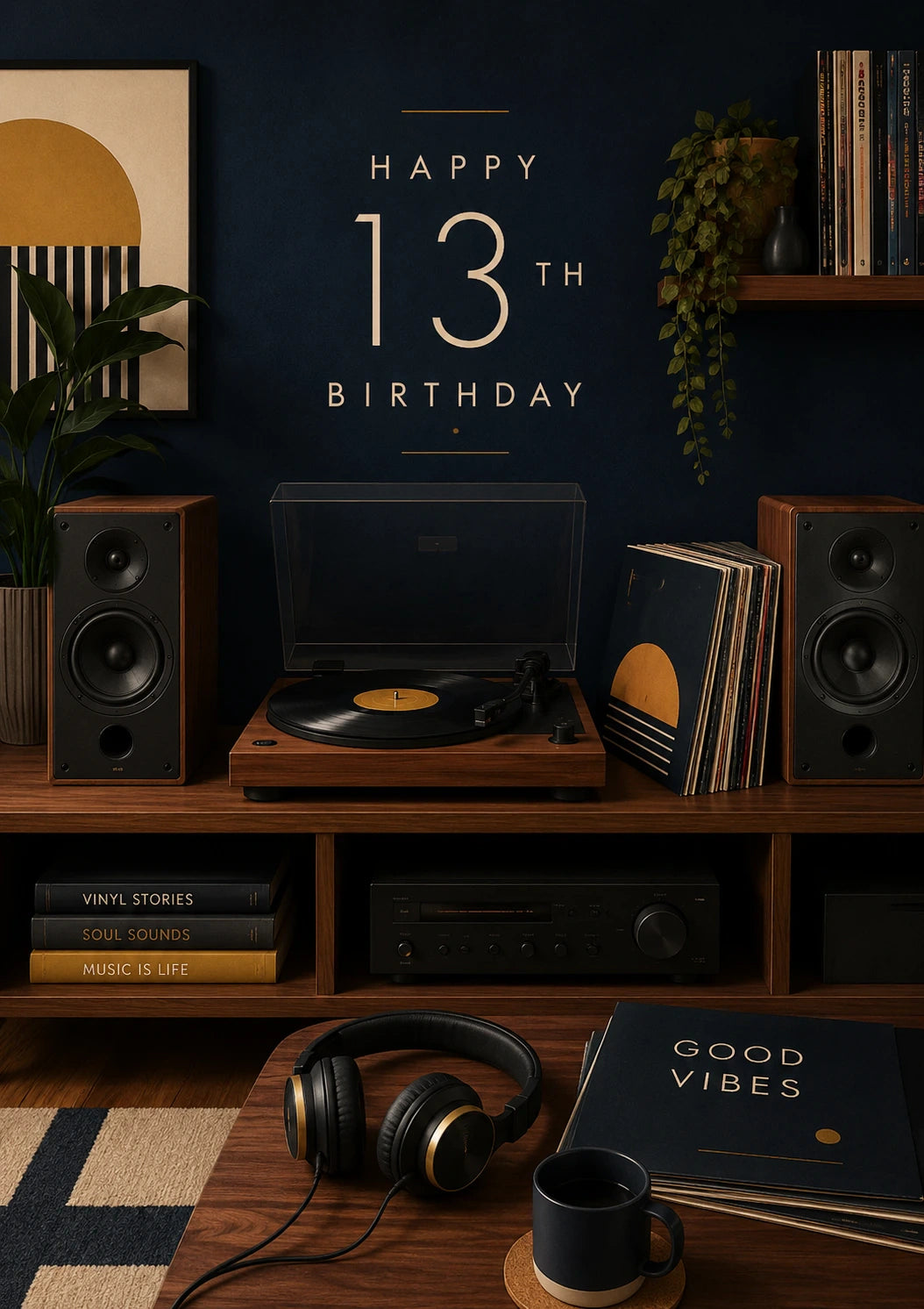 Vinyl Record Player Good Vibes 13th Birthday Card