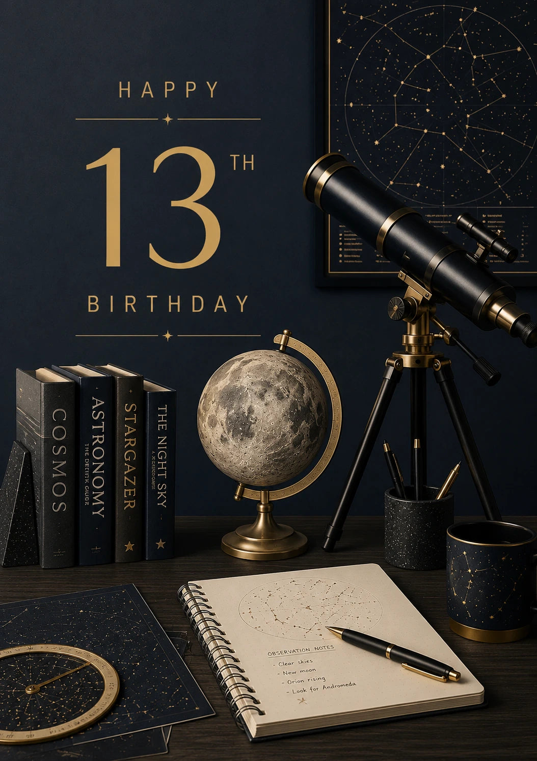 Dark Astronomy Telescope Moon Globe 13th Birthday Card