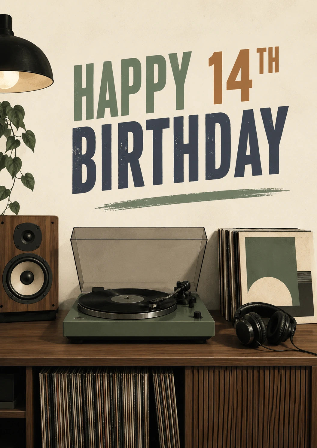 Retro Vinyl Record Player 14th Birthday Card