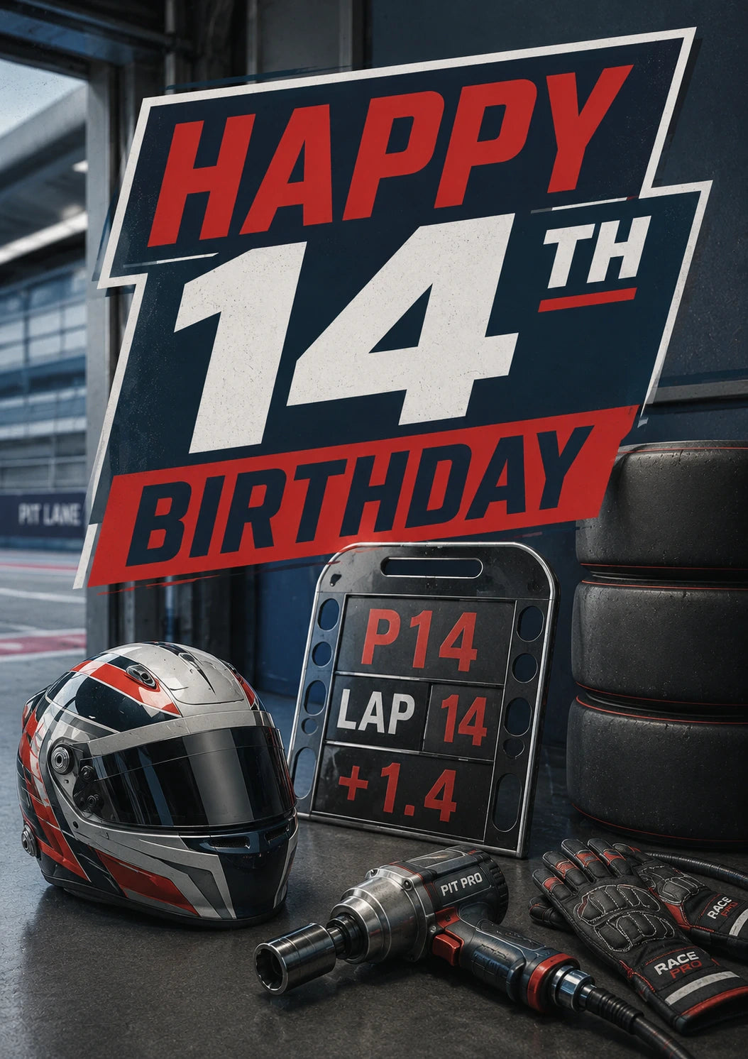 Racing Pit Lane Formula 1 14th Birthday Card for Him