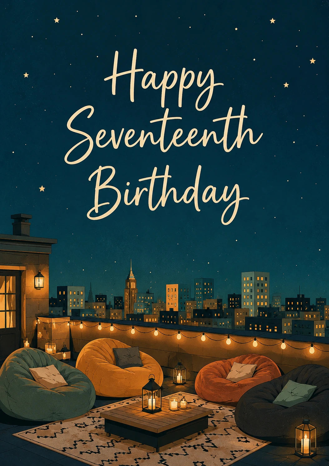 Rooftop Starry Night Scene 17th Birthday Card