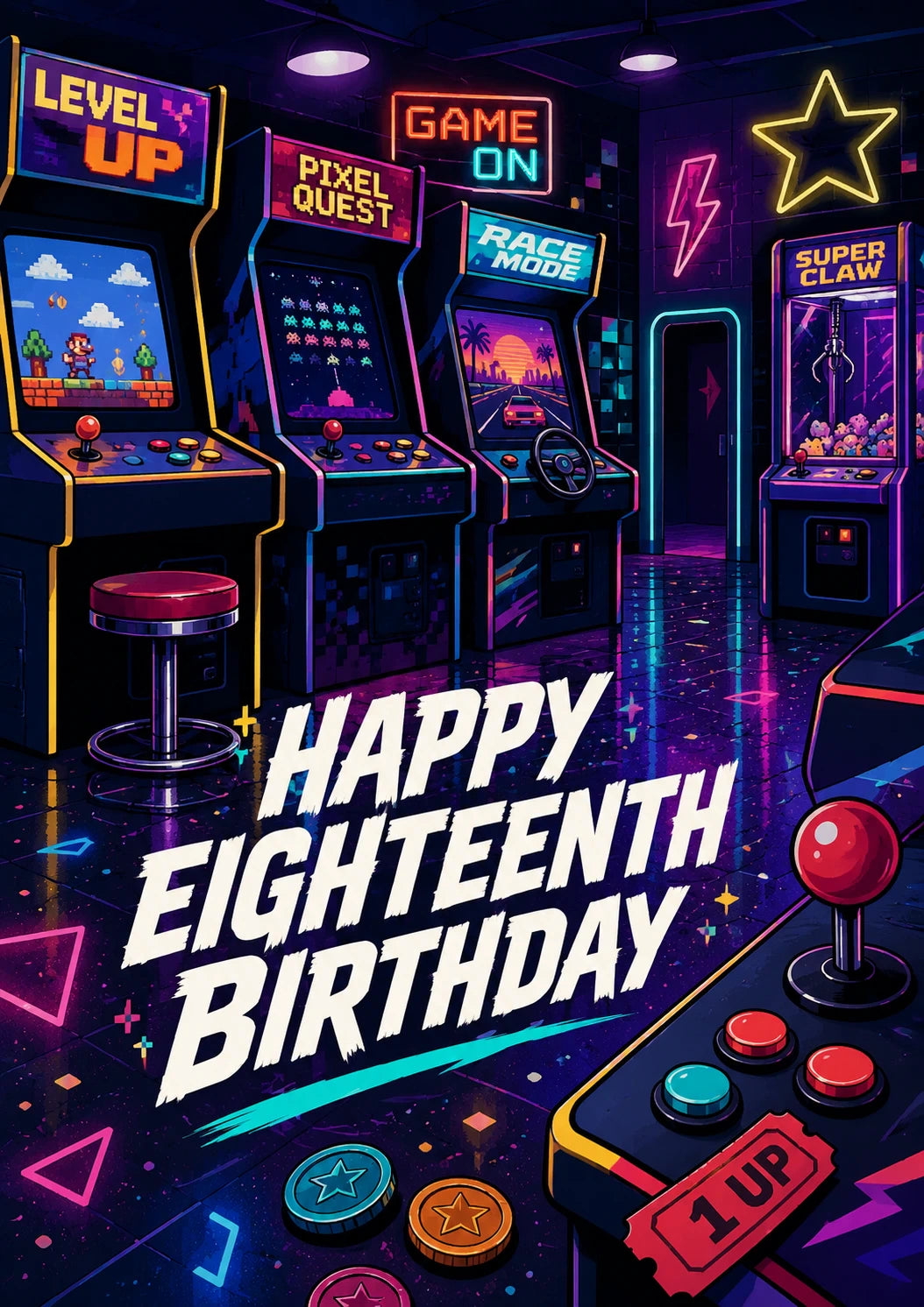 Retro Arcade Neon Gaming Happy 18th Birthday Card
