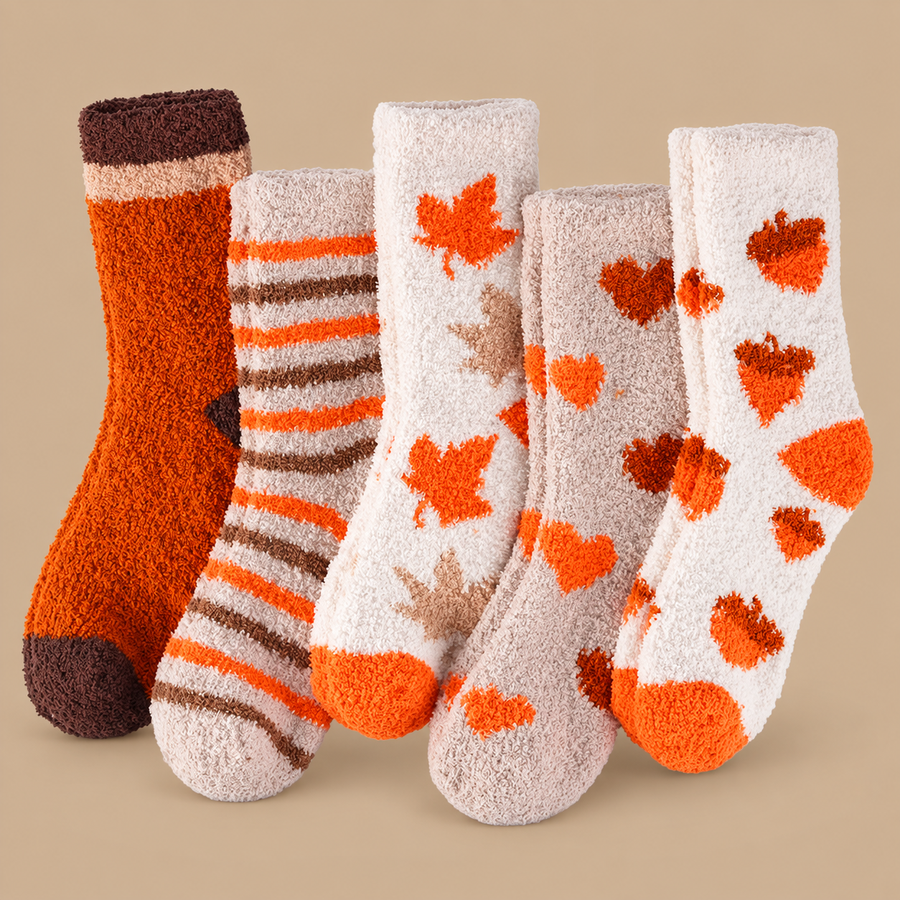 5 Pairs Fall Themed Fluffy Bed Socks for Women