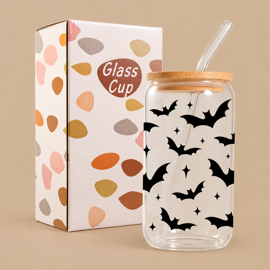 Bats Glass Cup with Straw