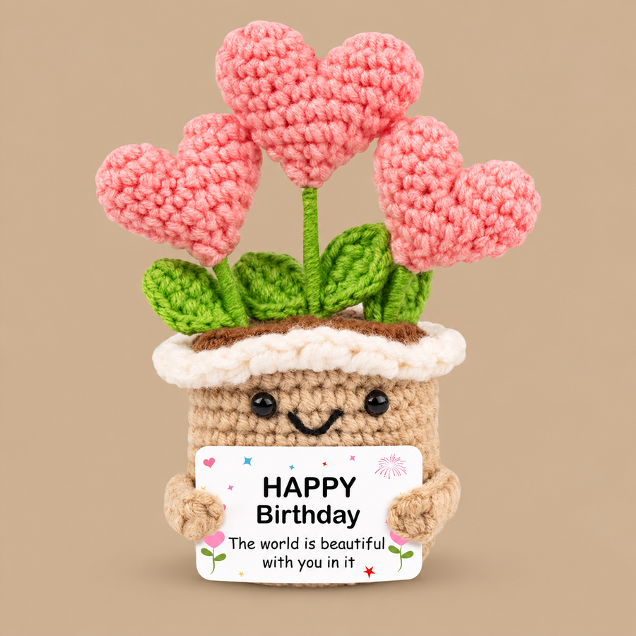 Happy Birthday Pink Hearts Crochet Bouquet