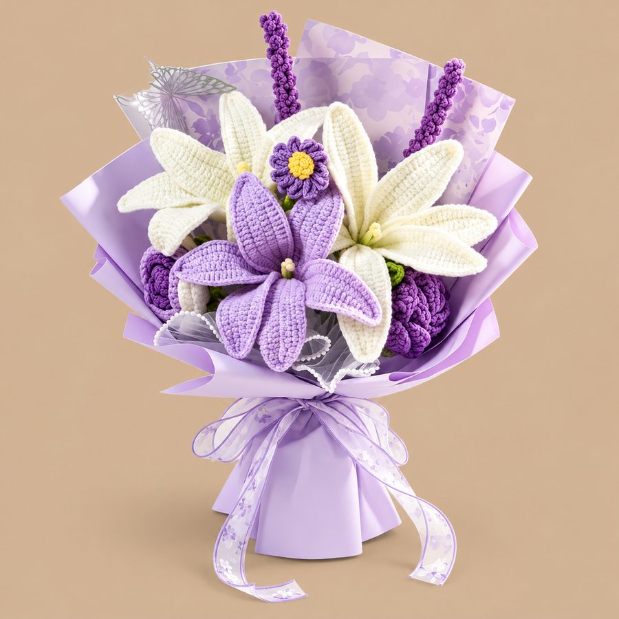 Purple and White Lilies Crochet Flower Bouquet
