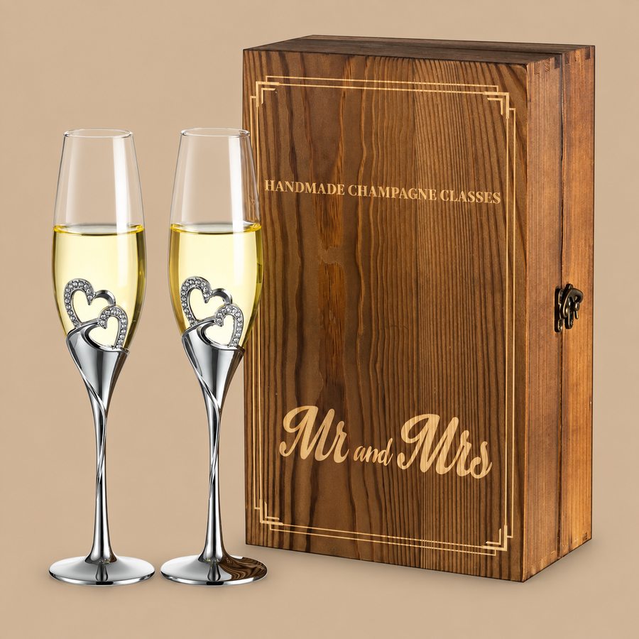 Champagne Flutes with Box, Silver