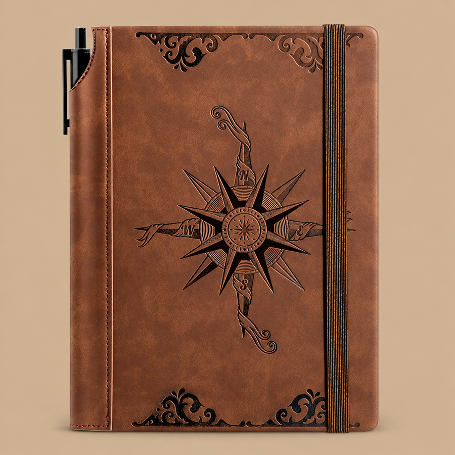 A5 Hardcover Compass Leather Journal for Men - Brown