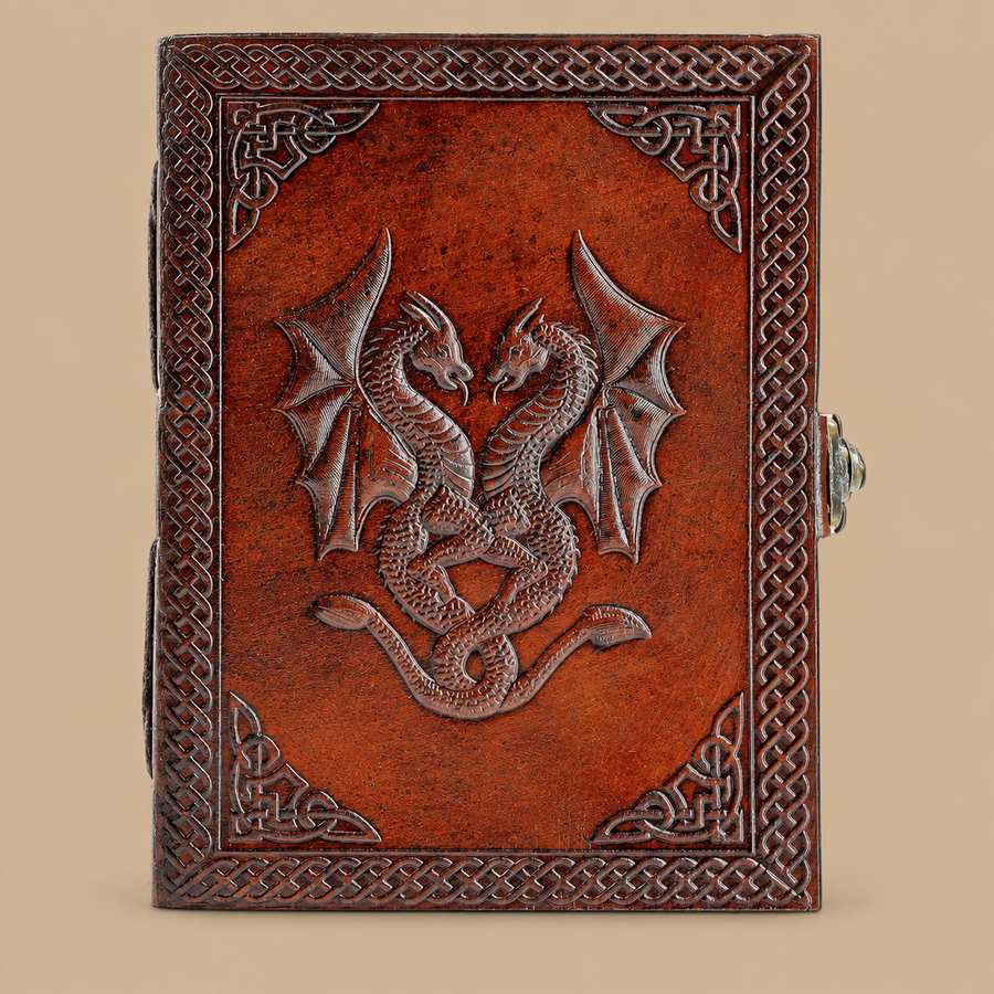 Handmade Leather Double Dragon Journal - Brown