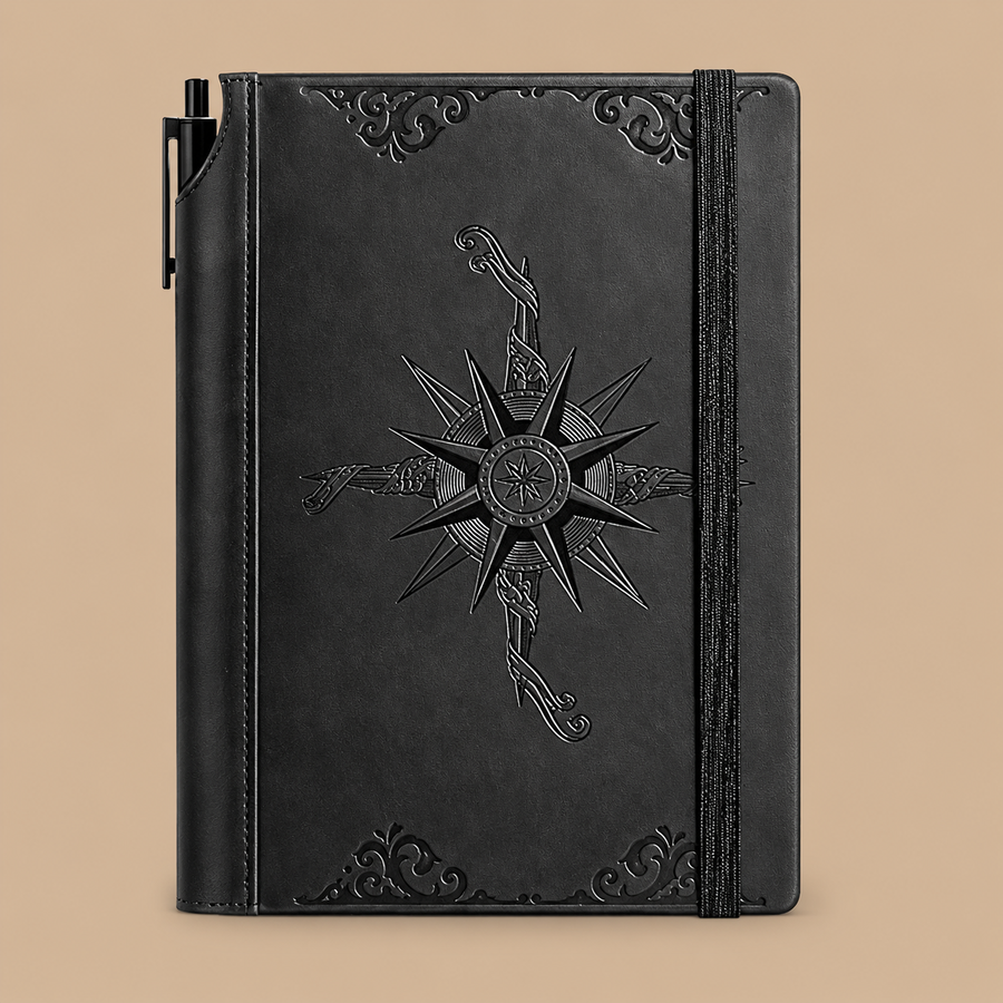 A5 Hardcover Compass Leather Journal for Men - Black