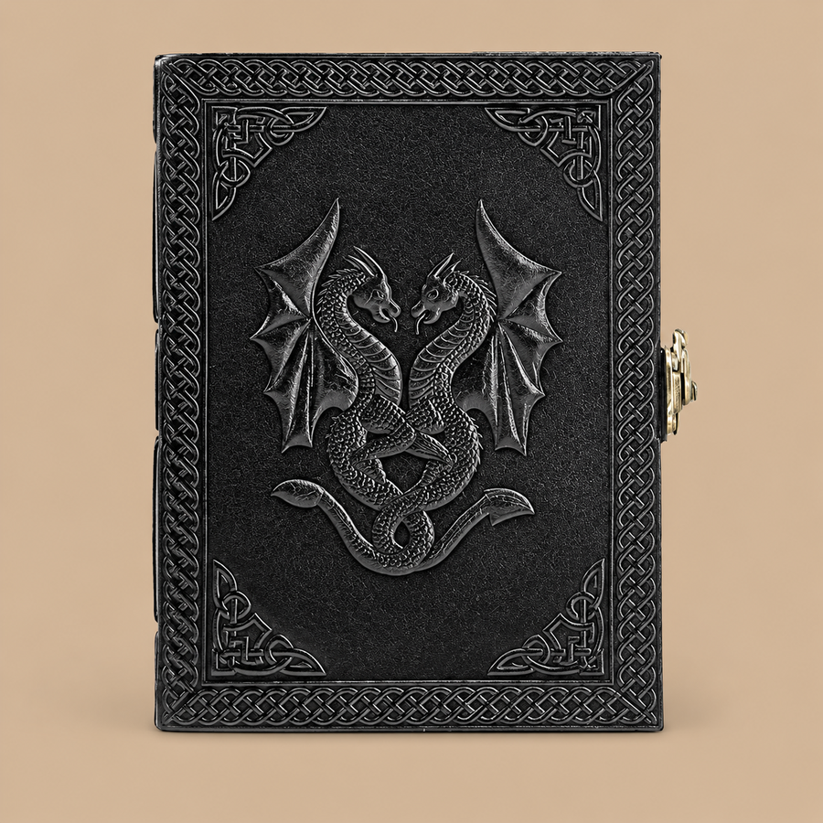 Handmade Leather Double Dragon Journal - Black