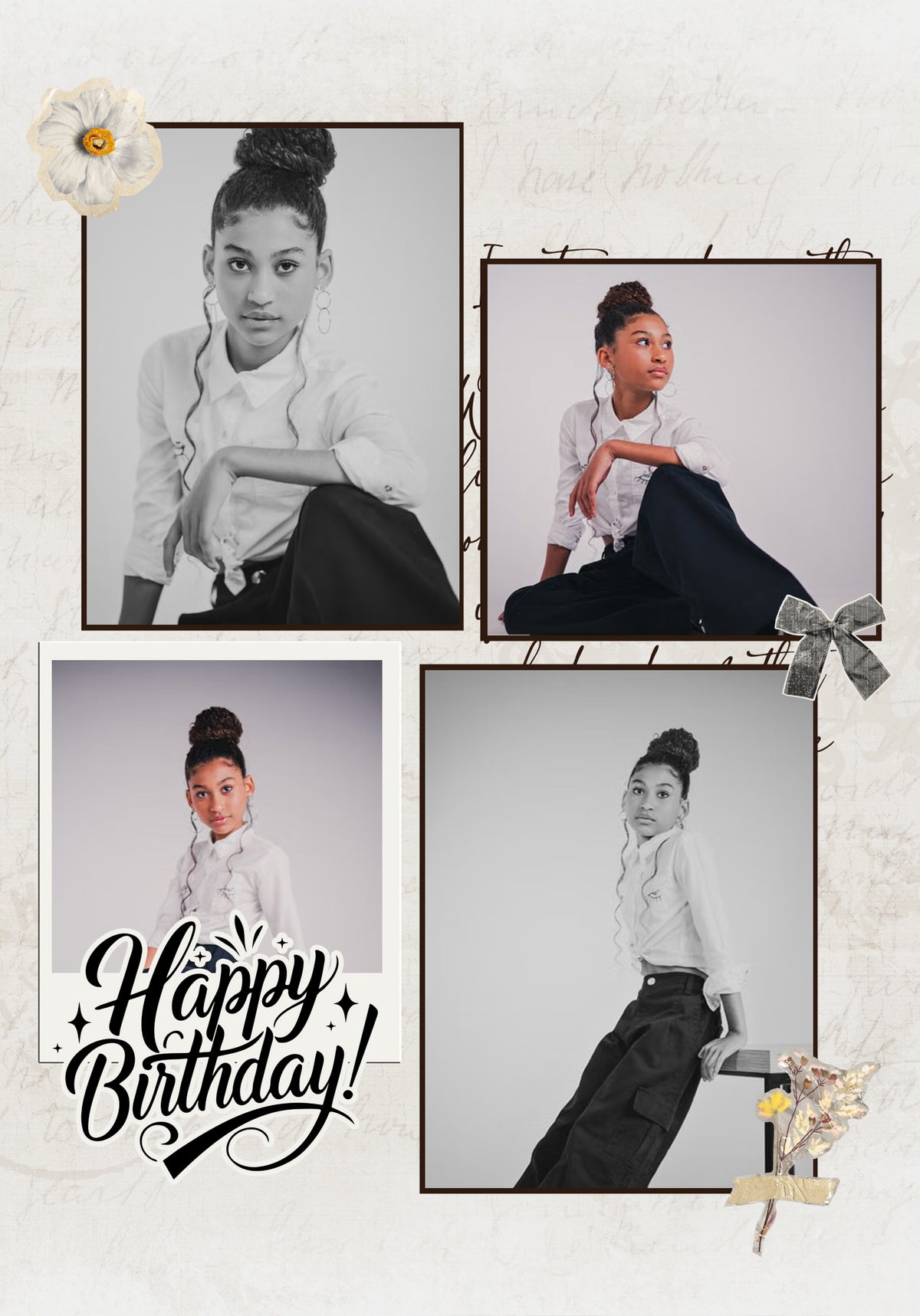 ELEGANT BLACK AND WHITE FLORAL BIRTHDAY PHOTO COLLAGE CARD