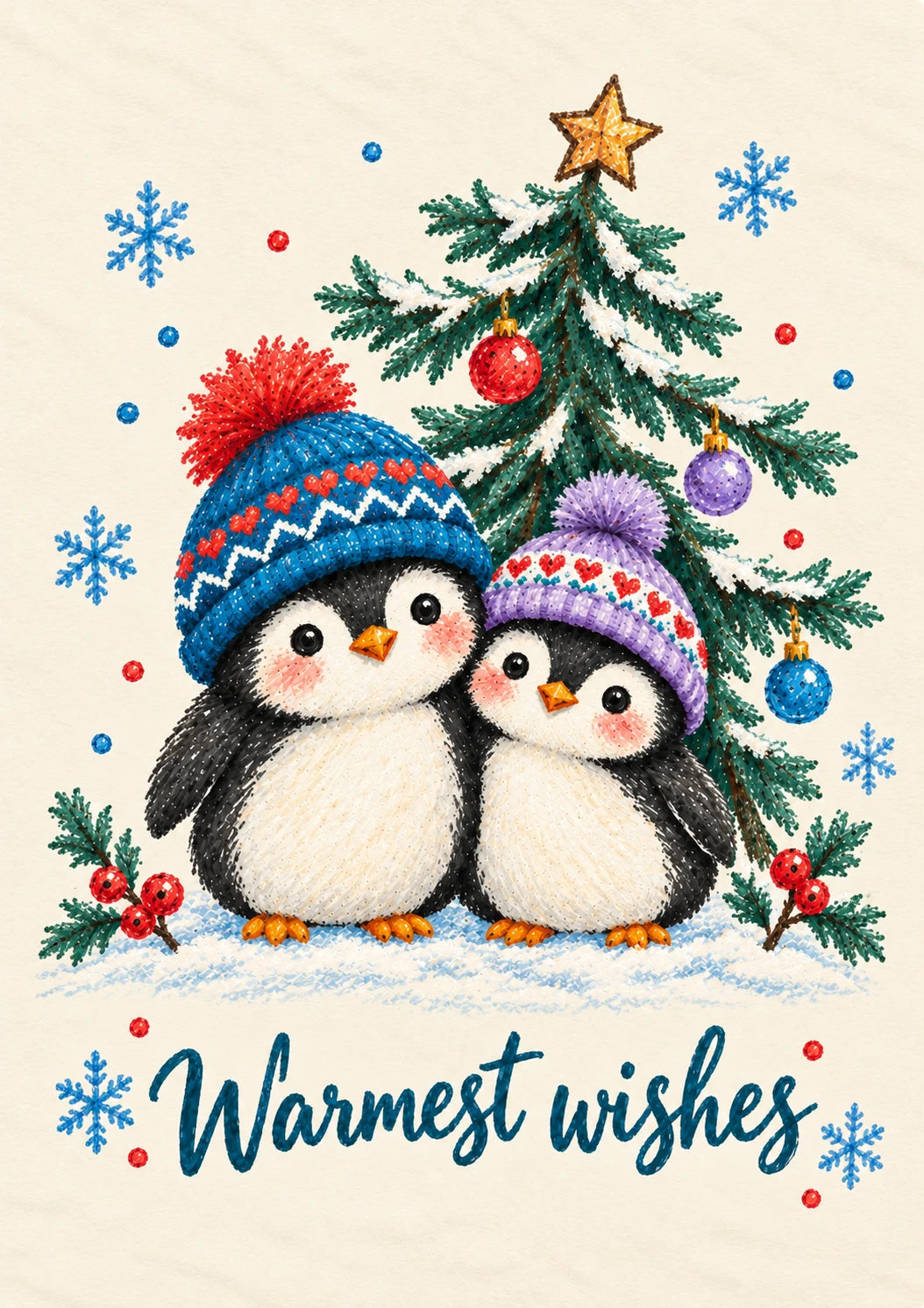 Cute Penguin Duo Snowy Tree Christmas Card