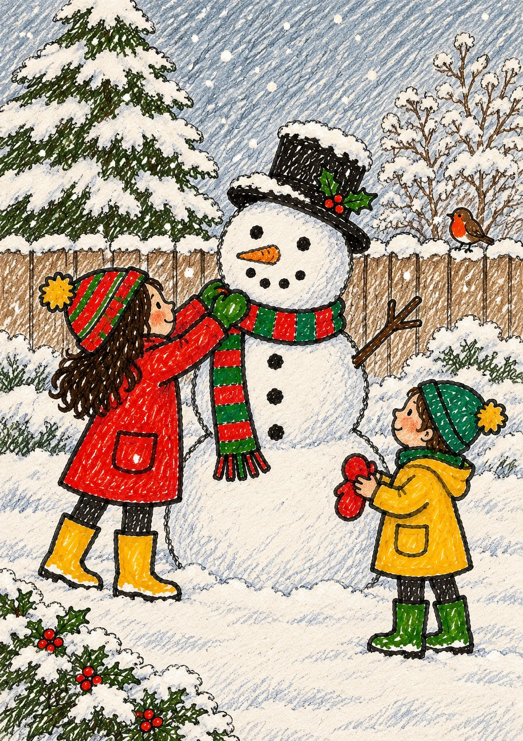Children Building Snowman Christmas Card