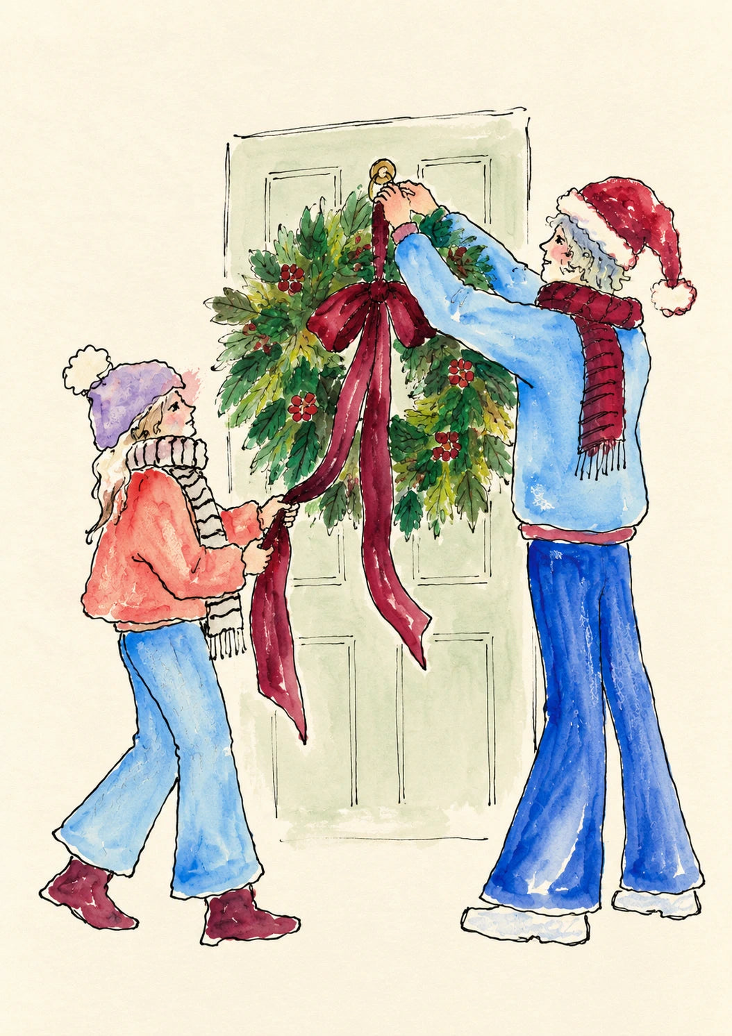 Wreath Hanging Festive Illustration Christmas Card for Her