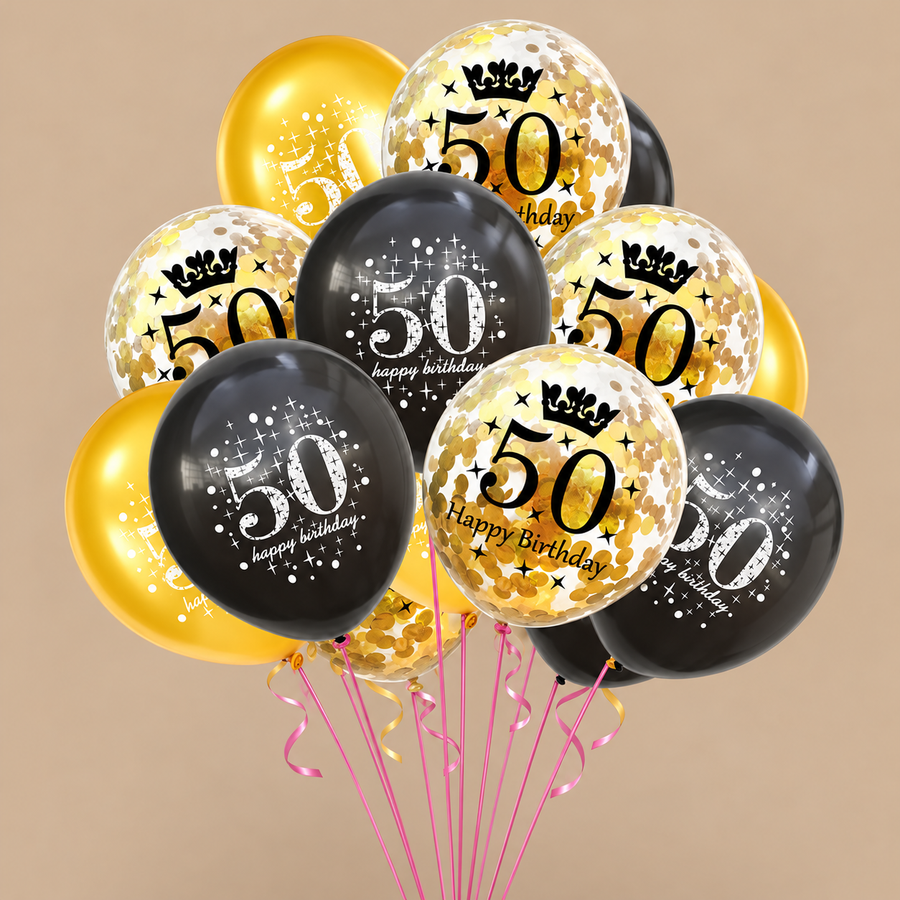Black and Gold Crown 50th Birthday Balloon Pack 15s