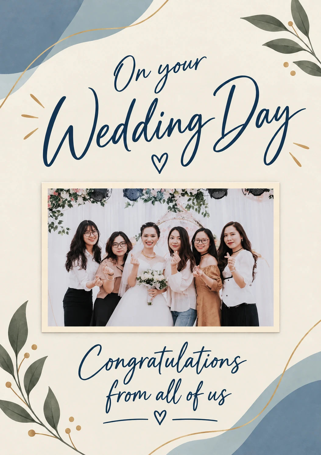 Blue Floral From All of Us Photo Upload Wedding Card for Colleague