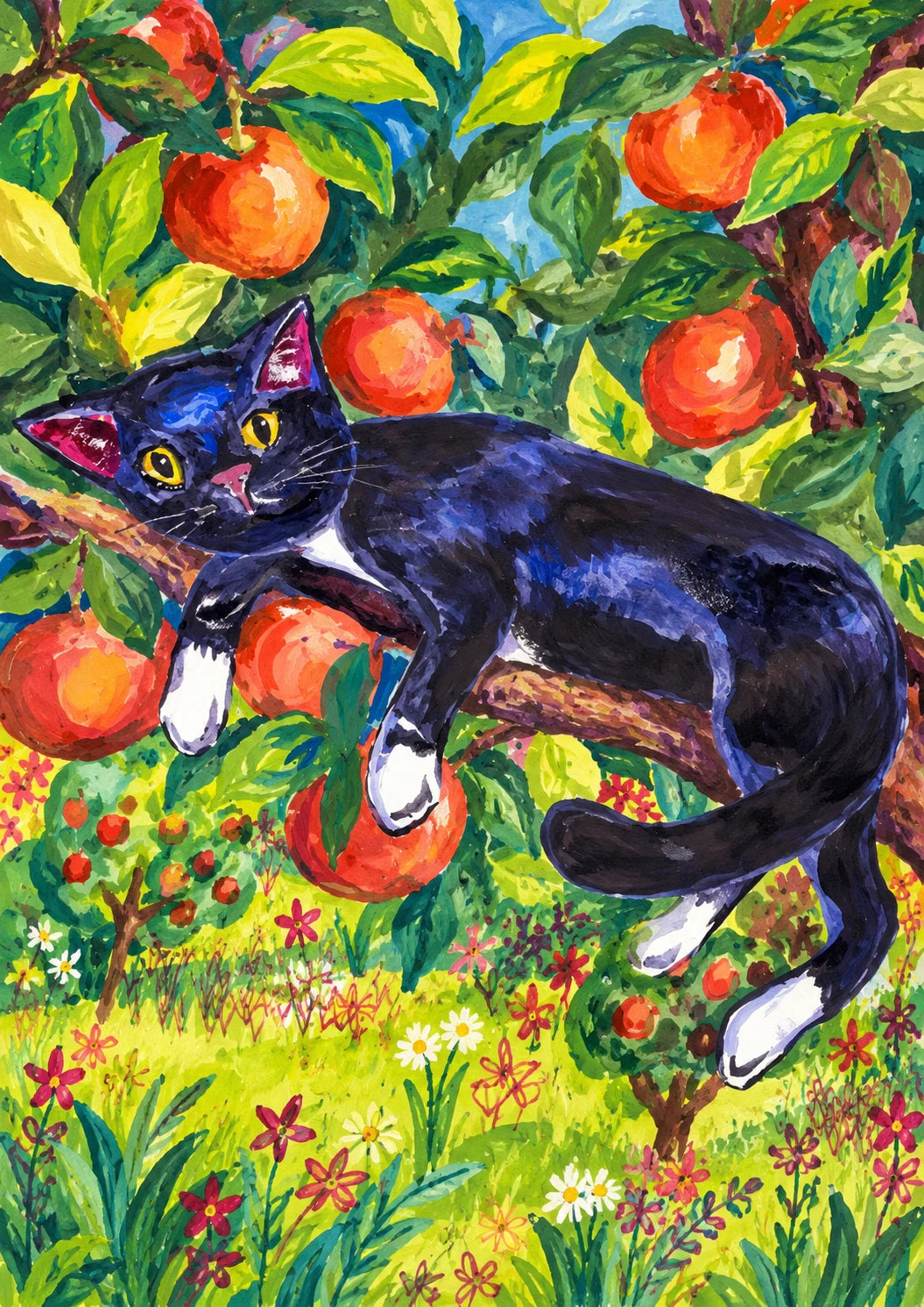 Funny Cat in Apple Tree Birthday Card for Her
