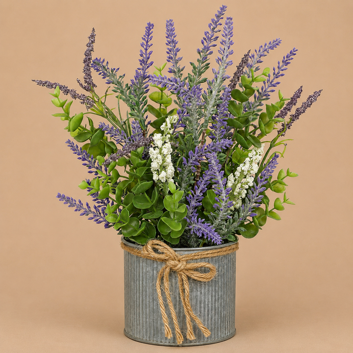 Artificial Lavender in Iron Pot with Eucalyptus Plants 9"
