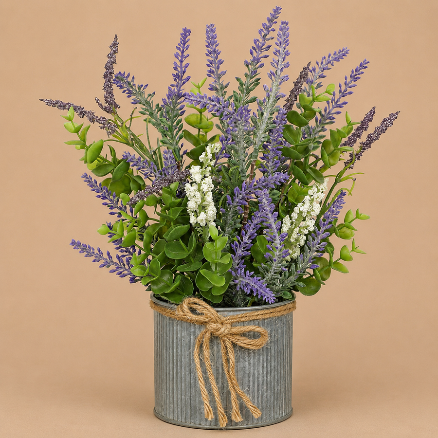 Artificial Lavender in Iron Pot with Eucalyptus Plants 9"