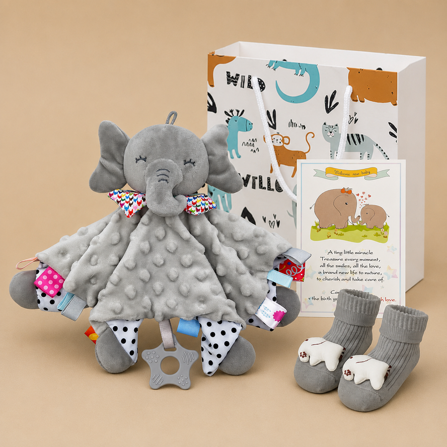 UNMOT Baby Gift Set with Elephant Comforter and Socks 3pcs