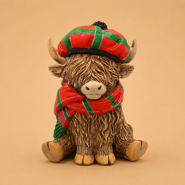 Highland Cow Scarf Tartan Figurines Statues For Home Decor, Centerpiece & Accessories 5"