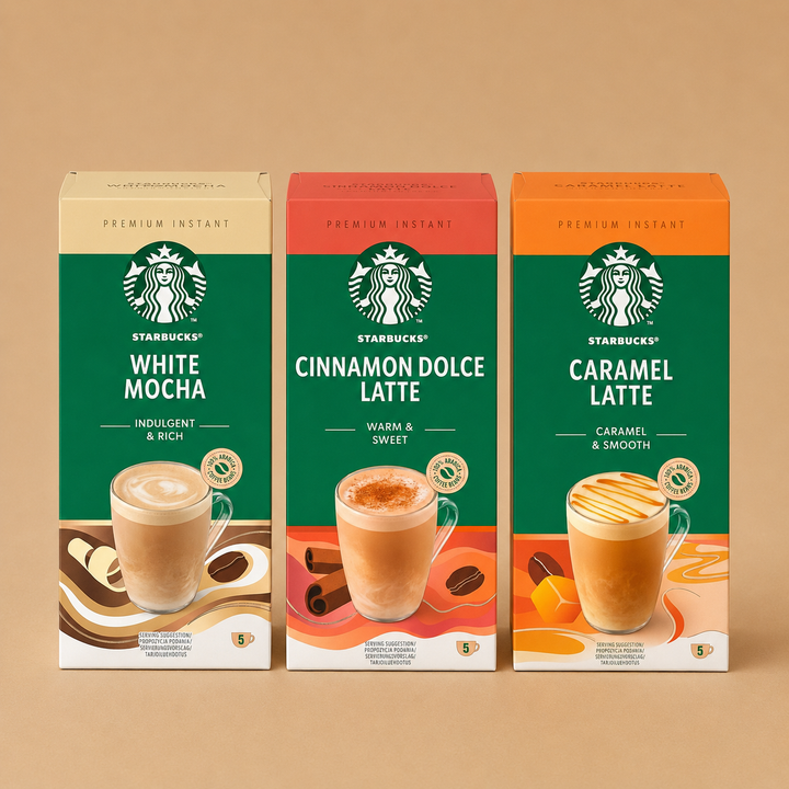 Starbucks Variety Pack Premium Instant Coffee - White Mocha + Caramel Latte + Cinnamon Dolce