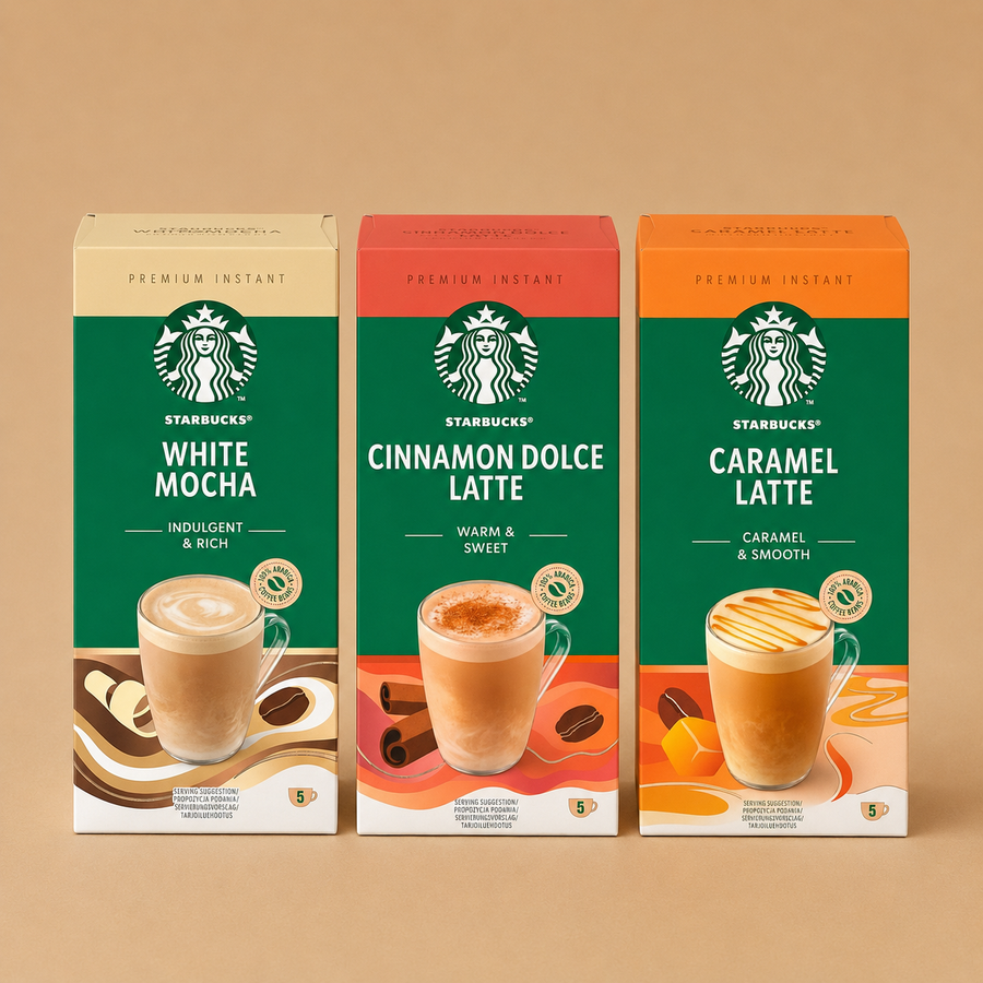 Starbucks Variety Pack Premium Instant Coffee - White Mocha + Caramel Latte + Cinnamon Dolce