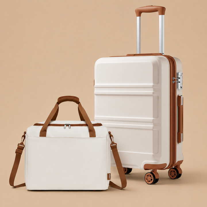 Kono 2 PCS Luggage Set 55x40x20cm Suitcase & 40x30x20cm Ryanair Cabin Bag - Cream White