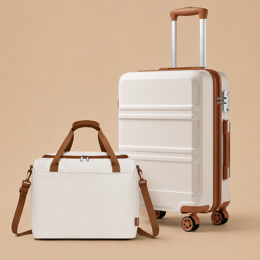 Kono 2 PCS Luggage Set 55x40x20cm Suitcase & 40x30x20cm Ryanair Cabin Bag - Cream White