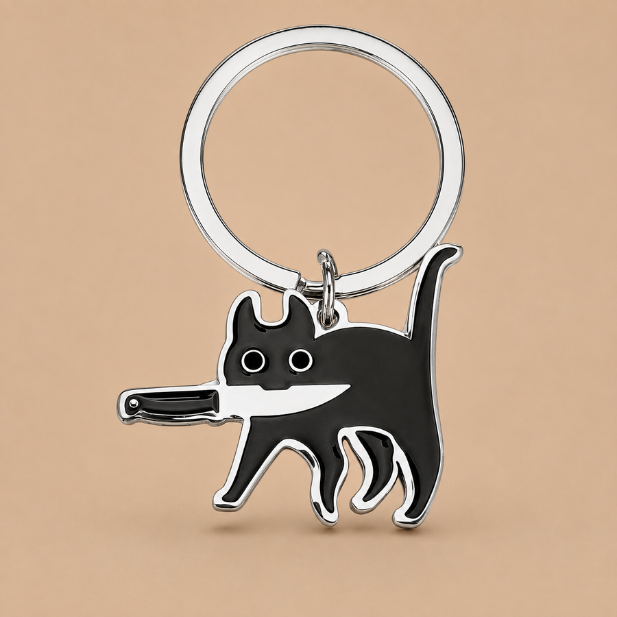 Black Cat With A Knife Keyring