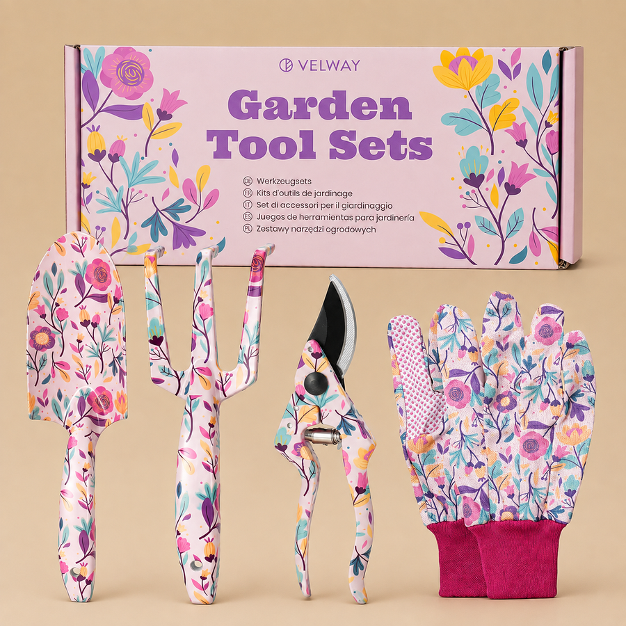 Velway 5-Piece Floral Print Metal Garden Tools with Gift Box