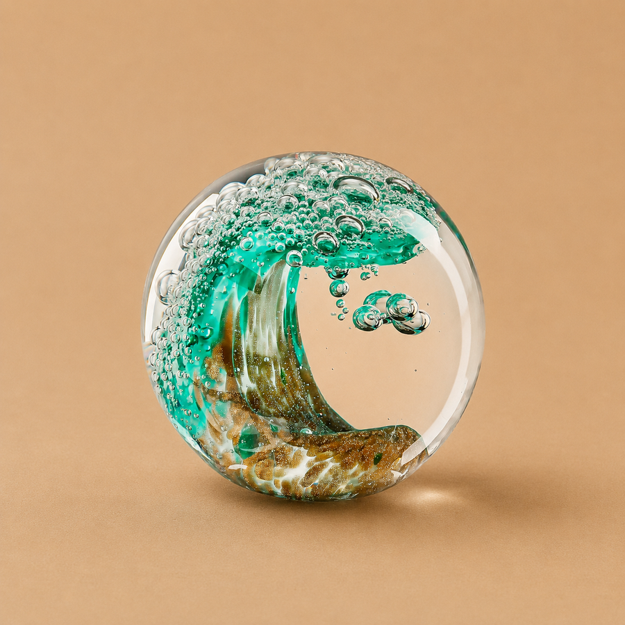 2.3 Inch Paperweight - Hand Blown Ocean Waves Crystal Glass Ball
