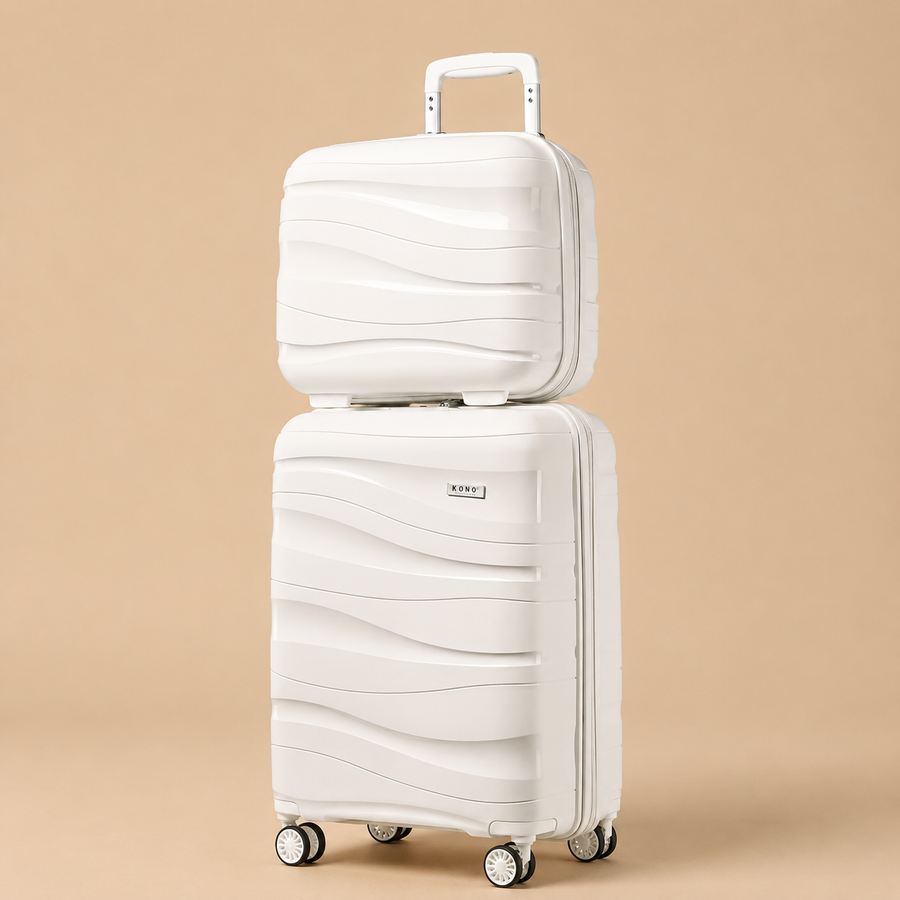 Kono Suitcase Set of 2 Hardshell Luggage Set with 14" Vanity Case for Cosmetics - White