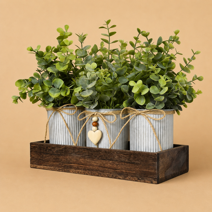Artificial Eucalyptus Table Centerpiece with Wood Try and Metal Pots for Decoration