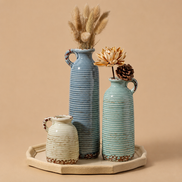 Ceramic Vase Set of 3 with Handles Table Centerpiece