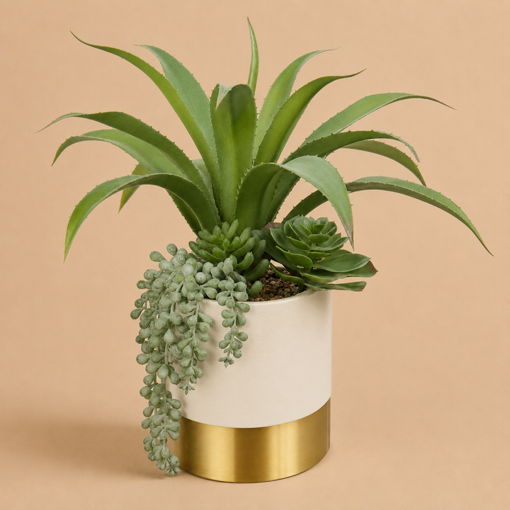 Artificial Succulent Plants With White and Gold Vase 12"