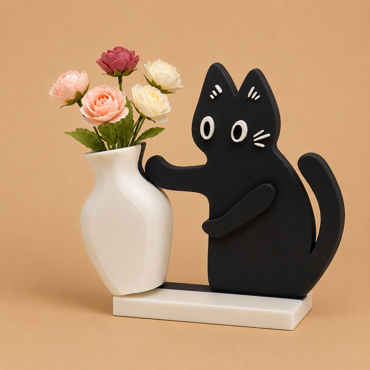Cat Flower Ceramic Vase - Black & Cream